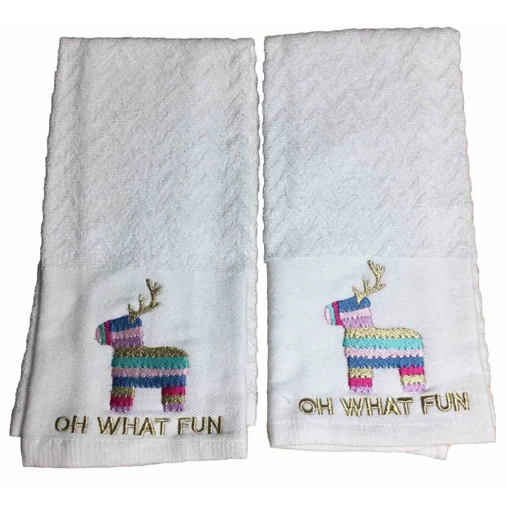 2 festive‎ holiday towel sparkly reindeer piñata and the words Oh What Fun
